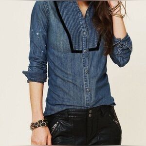 Free People chambray pintuck bib denim shirt with a bleach-splatter effect LARGE